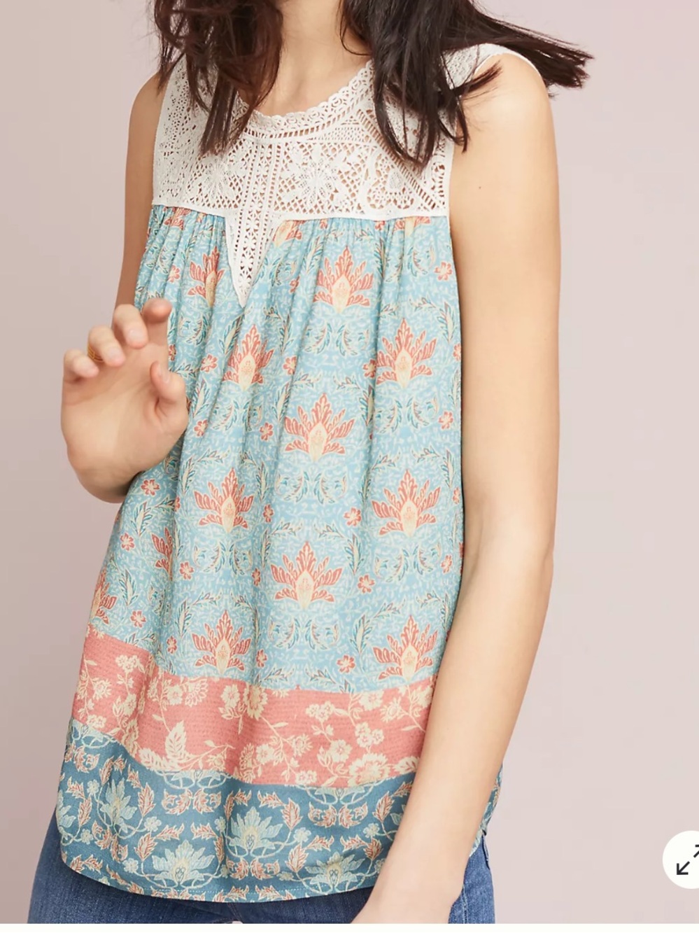 Maeve Laced Eleanor Sleeveless Crochet-Yoke Tank in Light Blue & Coral size XS